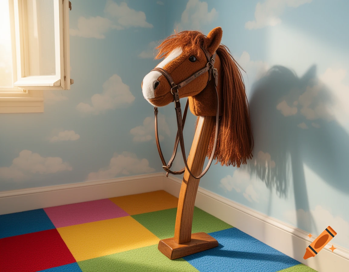A brown hobby horse with a long mane and bridle stands in a child's room with cloud-patterned walls and a colorful, checkered rug.