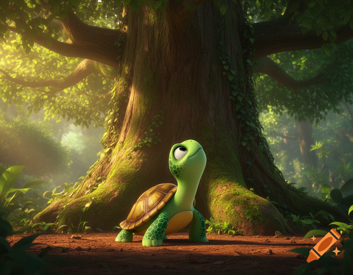 A cute 3D animated turtle with big, curious eyes looks up while standing at the base of a huge, mossy tree in a lush, softly lit forest.