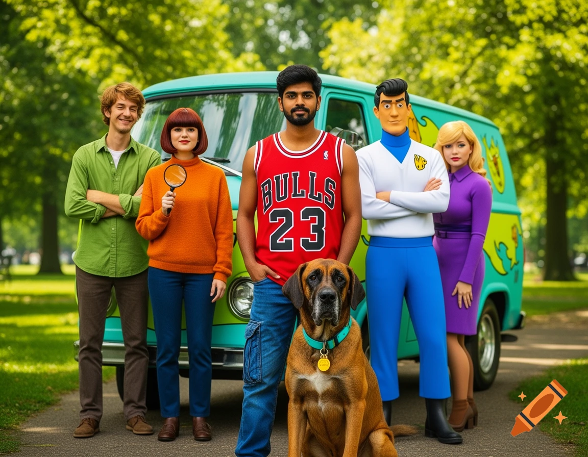 The Scooby-Doo gang with a new member and Scooby in a park in front of the Mystery Machine.