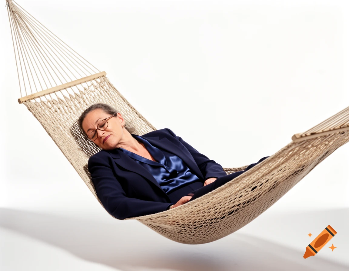 A serene older woman in a blue suit and glasses sleeps in a woven hammock against a white background.