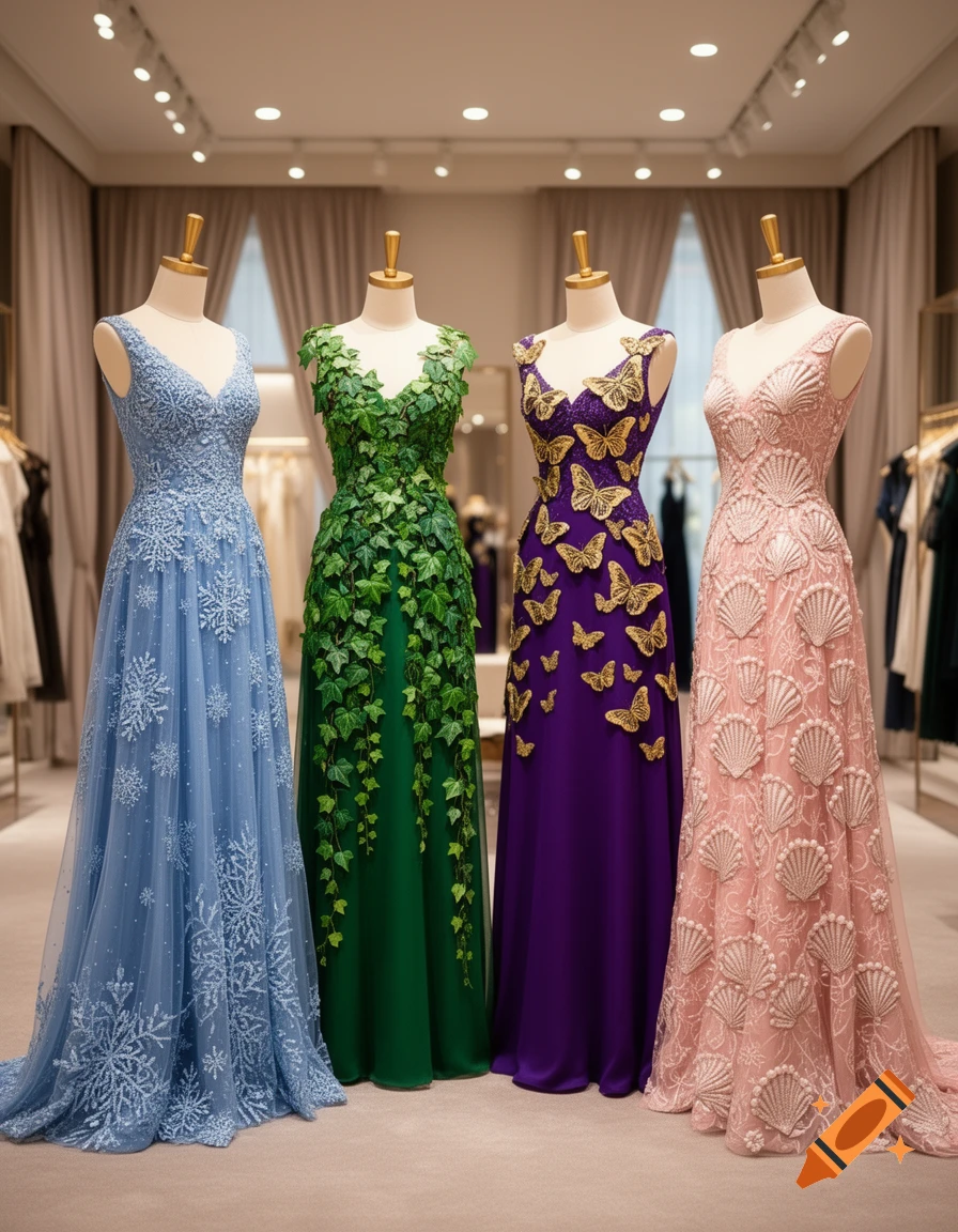 Four mannequins display ornate gowns: a blue snowflake, green ivy, purple butterfly, and pink seashell dress, in a well-lit store.