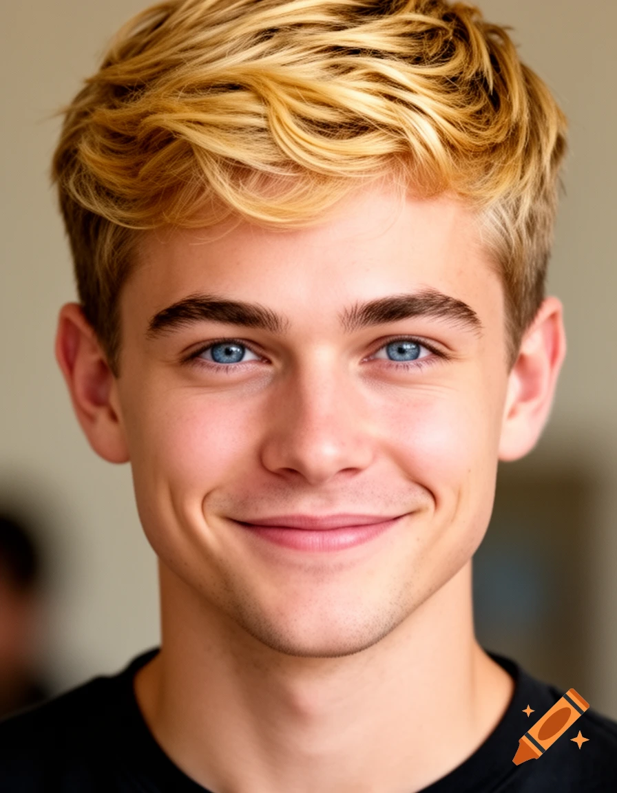 A smiling young man with blond wavy hair, bright blue eyes, and a light stubble in a close-up portrait.