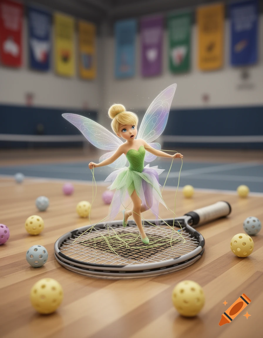 Tinkerbell, a fairy with iridescent wings, stands on a tennis racket surrounded by yellow and colorful pickleballs in a gymnasium.