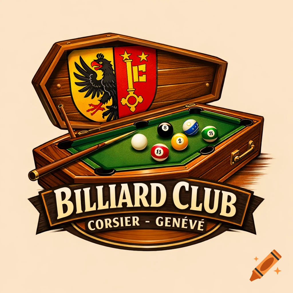 Logo featuring an open wooden coffin containing a green billiard table with several balls and a cue stick. A coat of arms is on the coffin lid. A banner below reads "BILLIARD CLUB CORSIER - GENEVE".