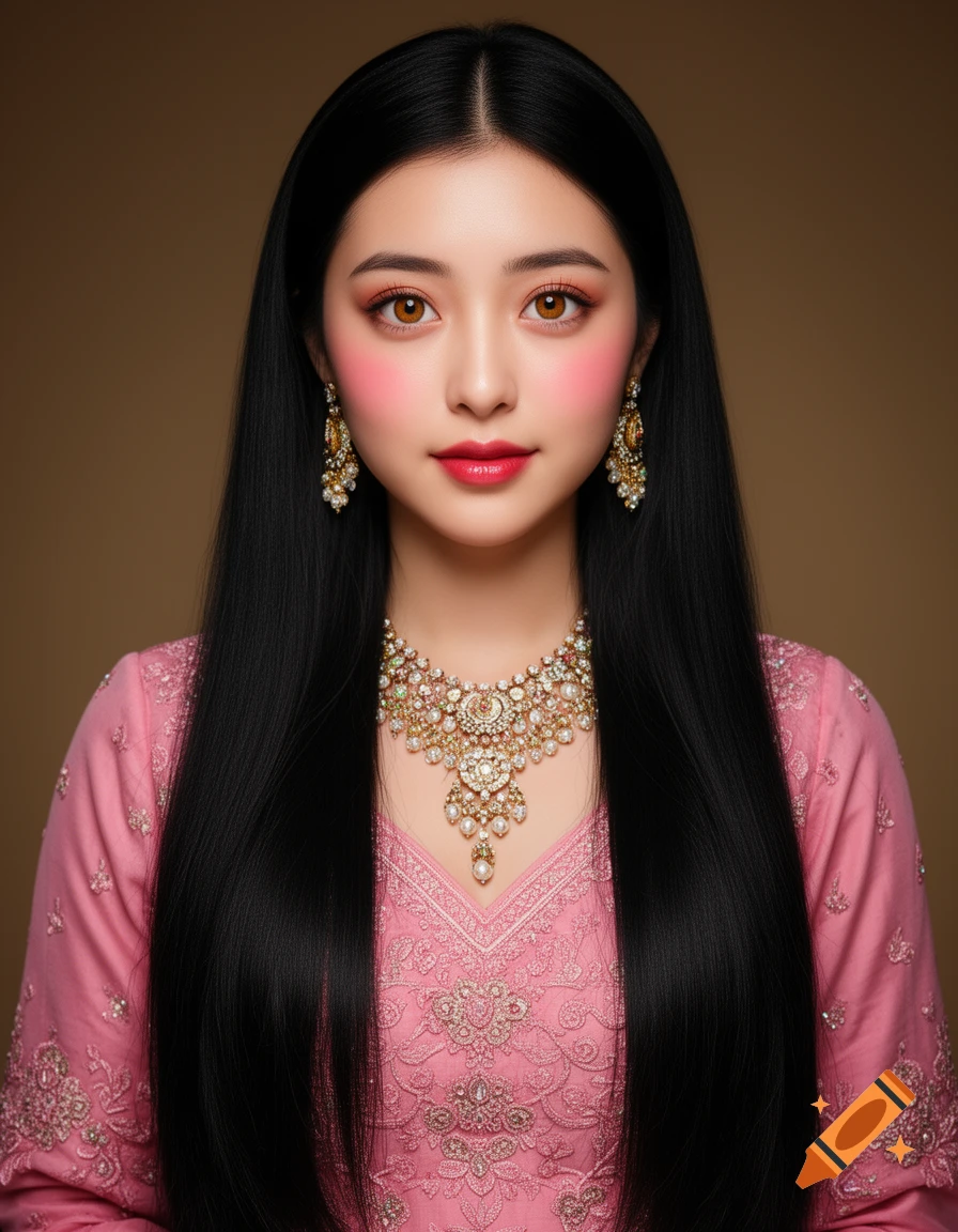 A woman with long black hair, hazel eyes, and pink cheeks wears a pink embroidered traditional dress and elaborate gold and pearl jewelry in a studio portrait.