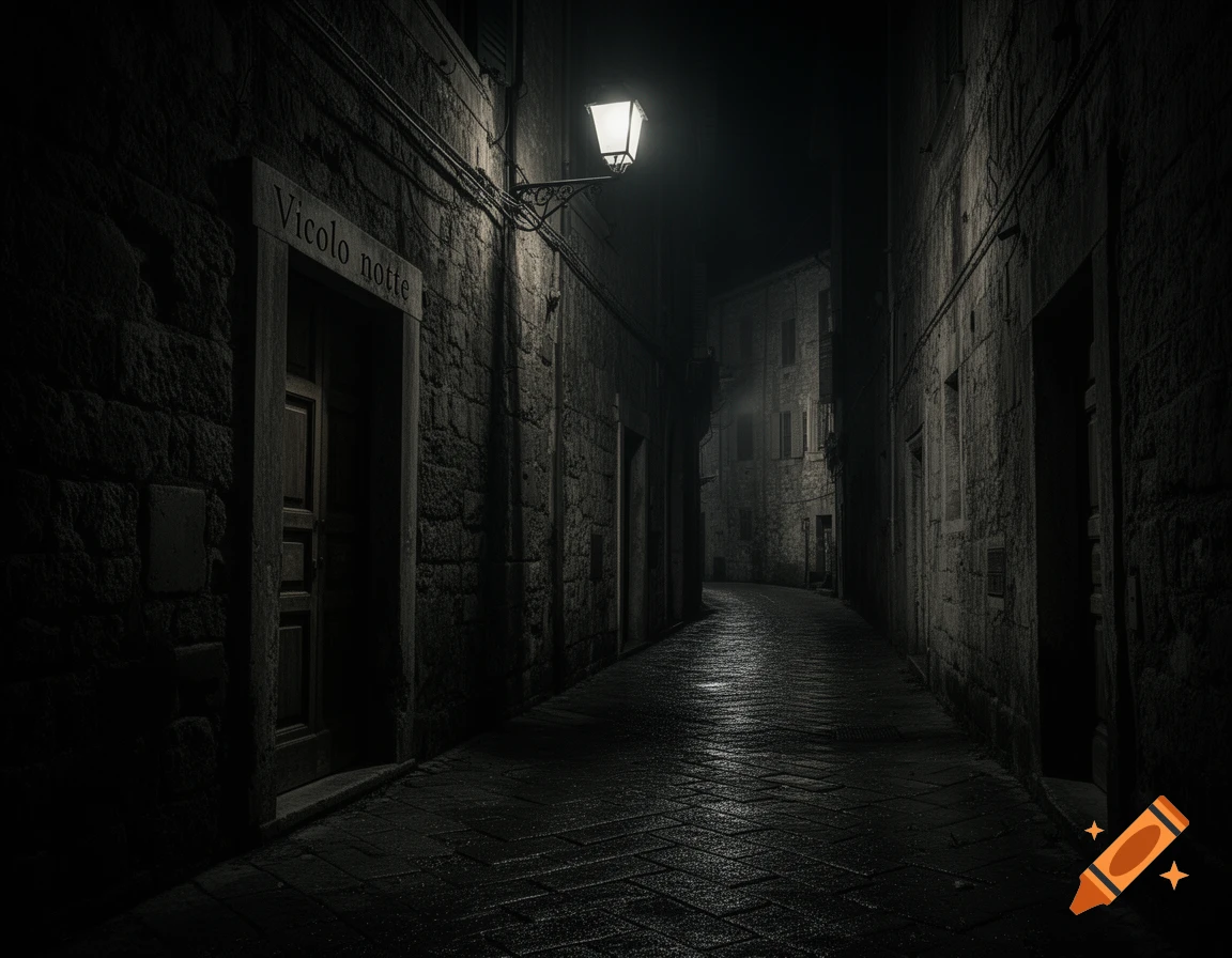 A dark, wet cobblestone alley in an old town at night, illuminated by a single street lamp, with 'Vicolo notte' above a doorway.