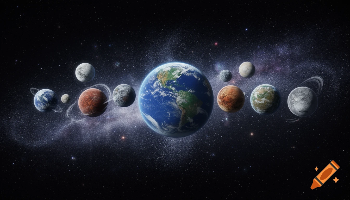A detailed view of nine planets, including a large Earth-like planet, floating in a dark, star-filled cosmic sky with swirling stardust.