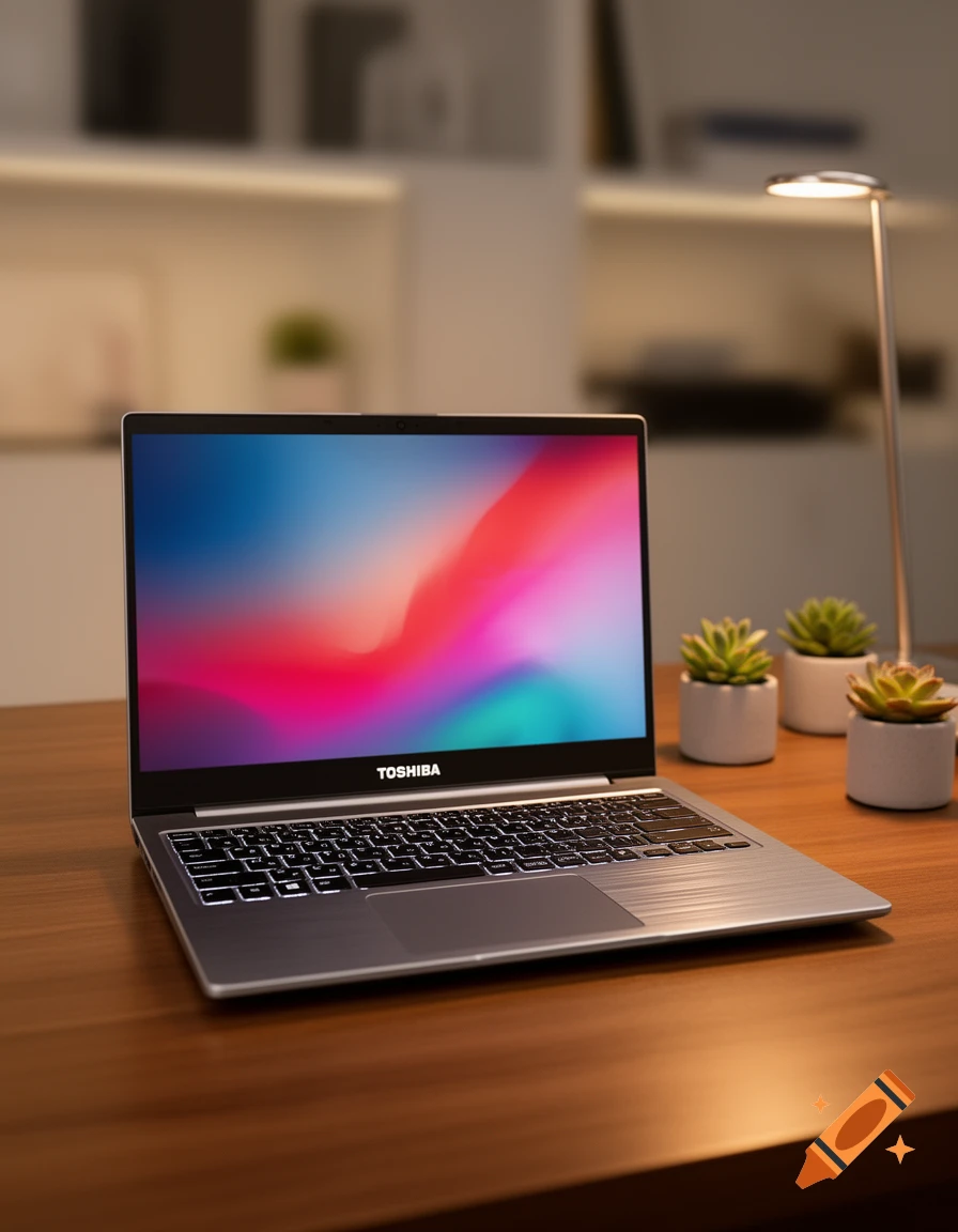 A silver laptop with a colorful abstract wallpaper on the screen, sitting on a wooden desk with succulent plants and a lamp.