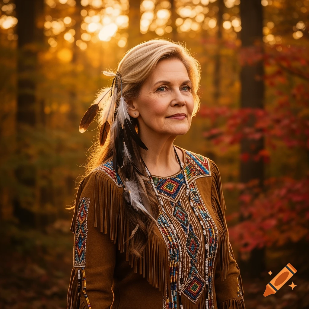 A woman with blonde hair, adorned with feathers and a beaded, fringed brown tunic, stands in a sunlit autumn forest.