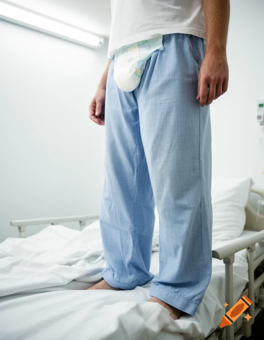 A man in light blue pajama pants stands on a hospital bed, a white diaper visible underneath, in a brightly lit room.
