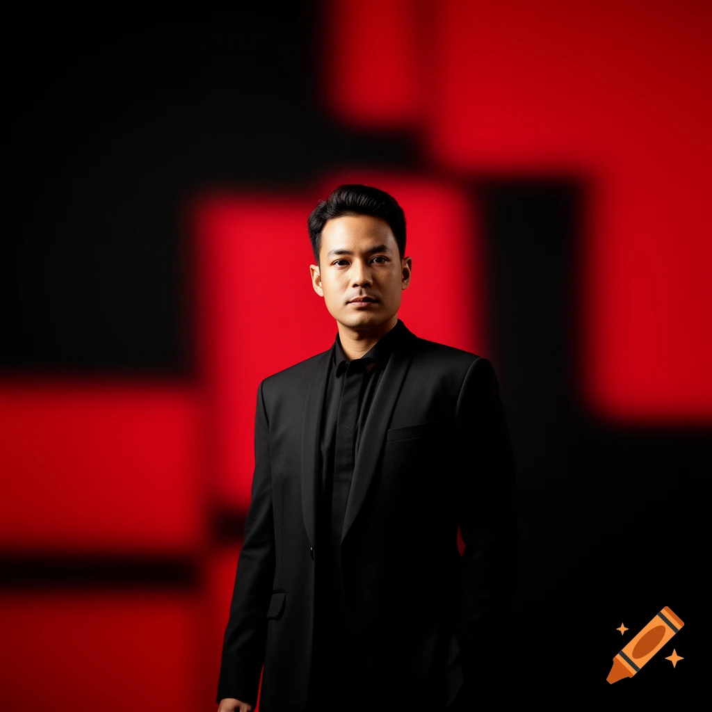 Photorealistic portrait of an Asian man in a black suit and shirt against an abstract black and red geometric background.