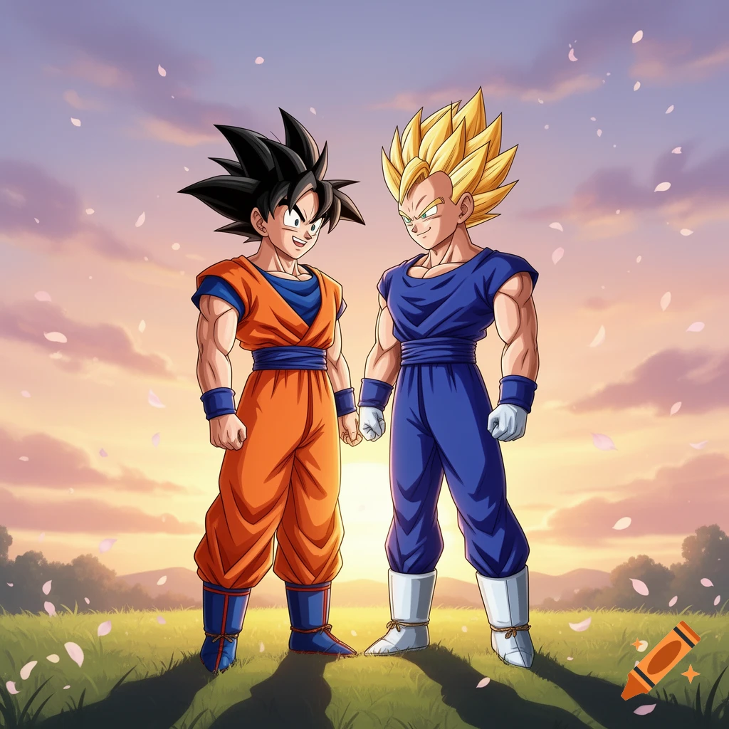 Goku and Vegeta standing in a grassy field at sunset, with cherry blossom petals falling, in an anime style.