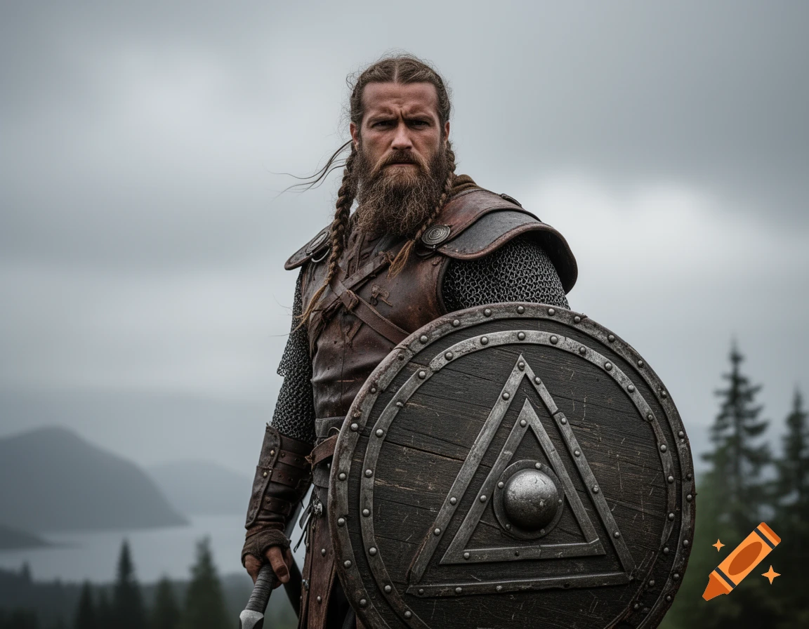 A photorealistic Viking warrior with braided hair and a beard, in leather and chainmail, holding a shield with a Valknut, against a misty mountainous landscape.