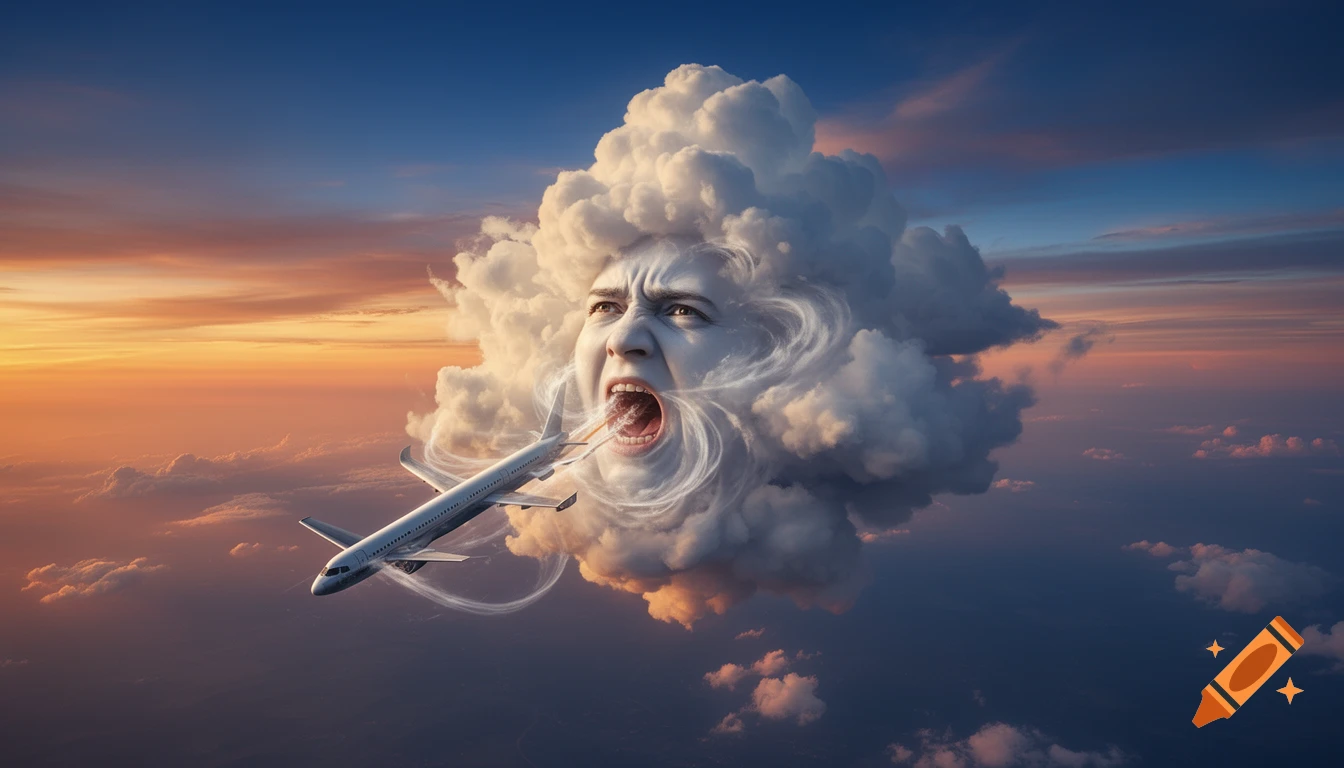 A photorealistic, surreal image of a giant cloud with a screaming human face in a sunset sky. An airplane flies through the cloud's open mouth.