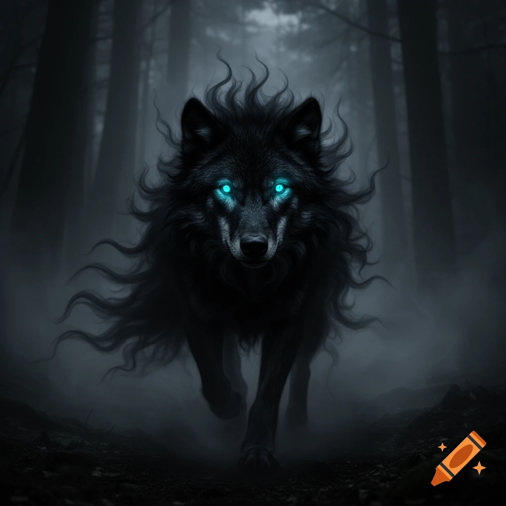 A black spectral wolf with piercing cyan glowing eyes emerges from a dark, foggy forest.