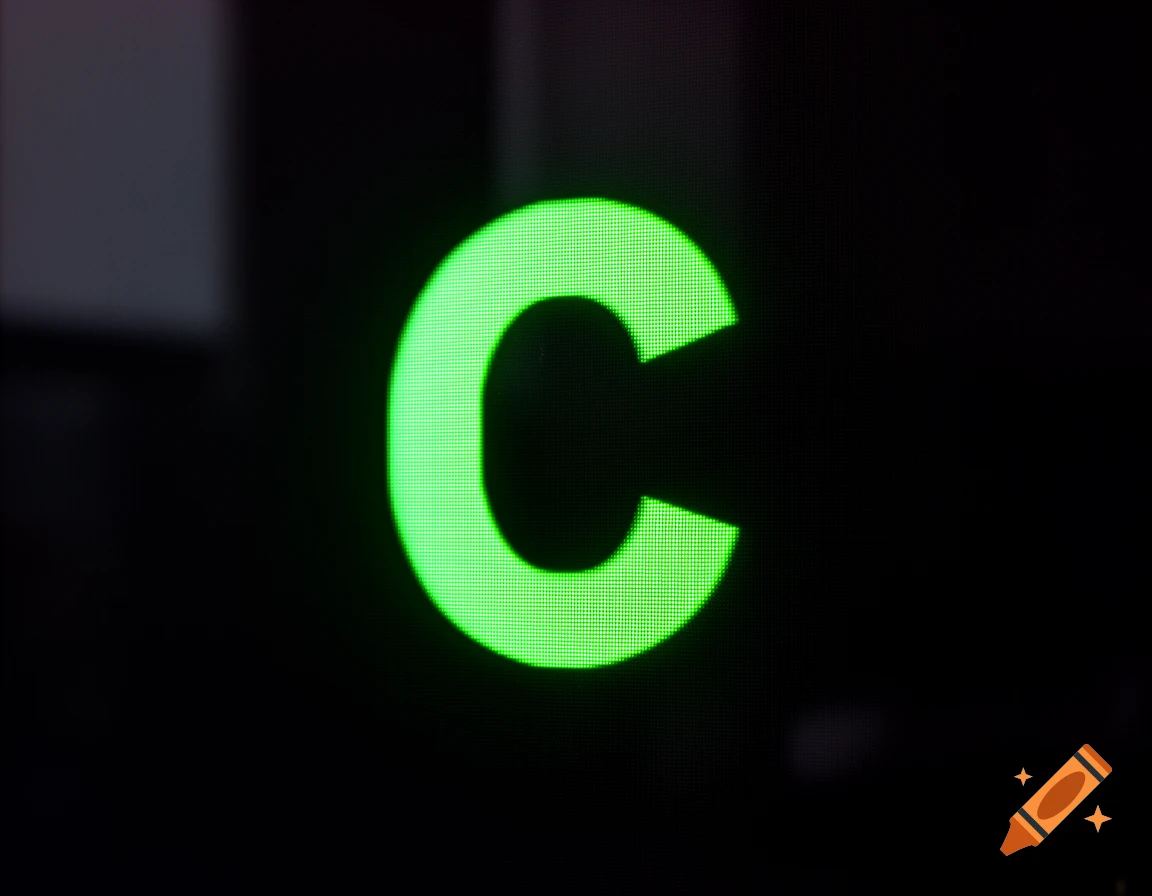 A glowing green letter C, rendered in pixels on a dark background.