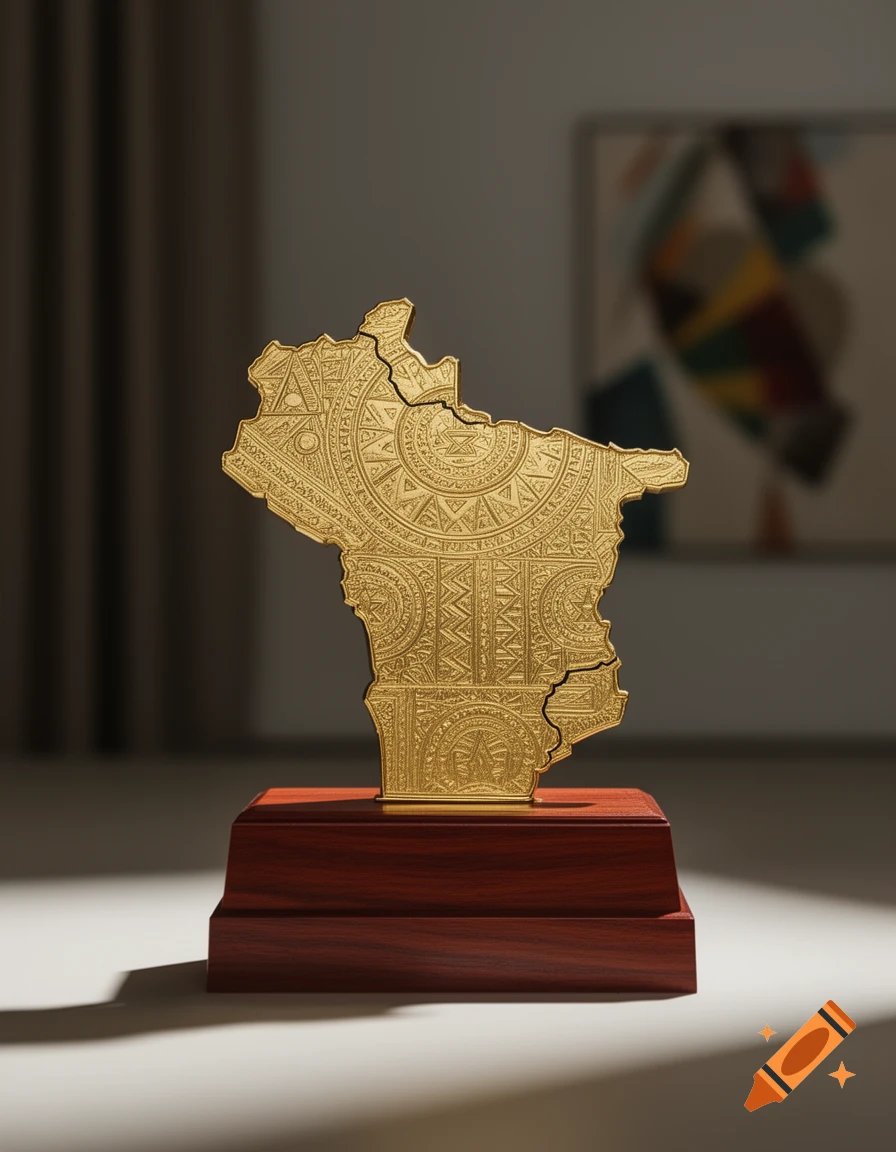 A golden trophy shaped like the map of Gabon, featuring intricate patterns, sits on a dark wooden base, dramatically lit.