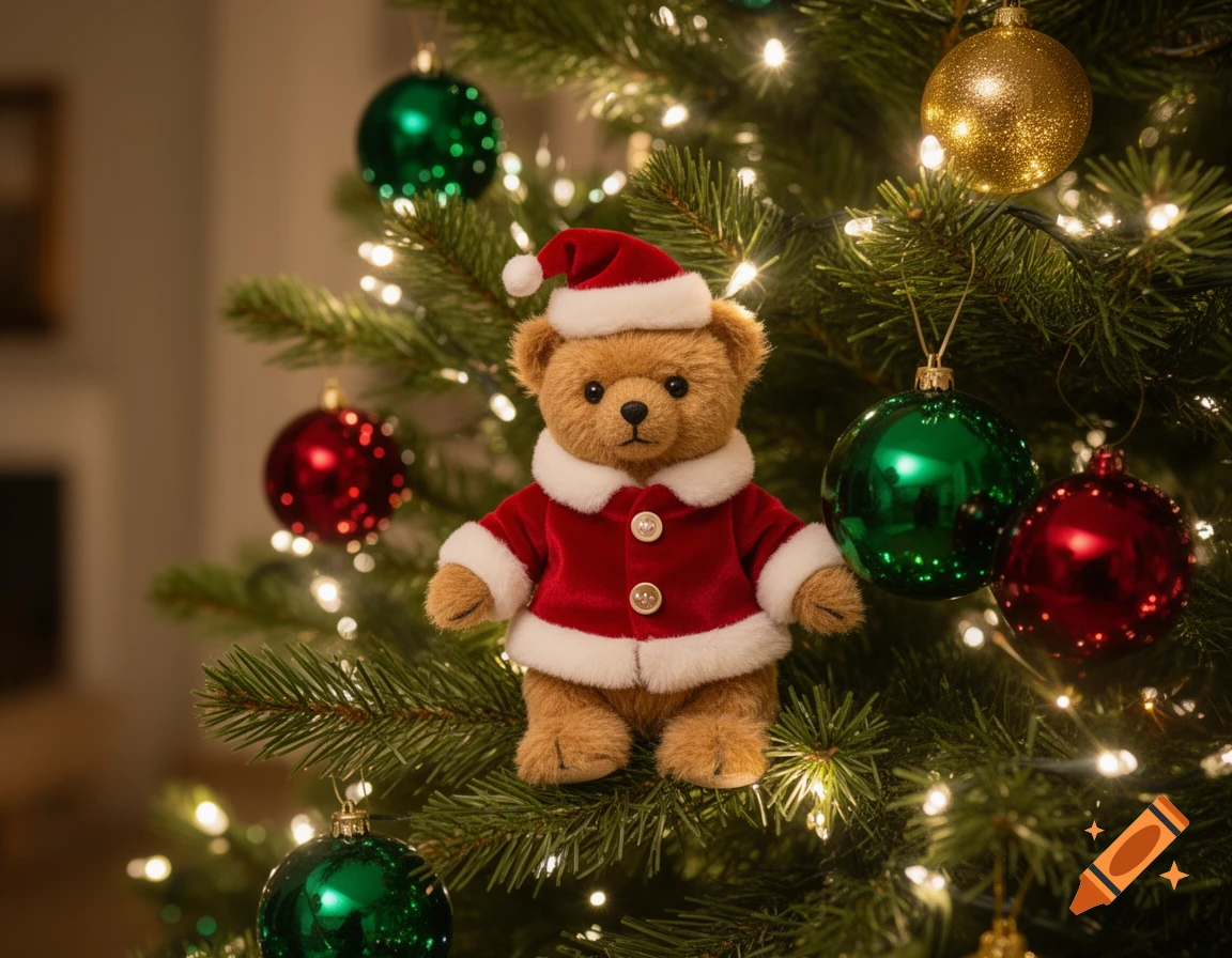 Photorealistic teddy bear in a Santa suit nestled in a lit Christmas tree with red, green, and gold ornaments.