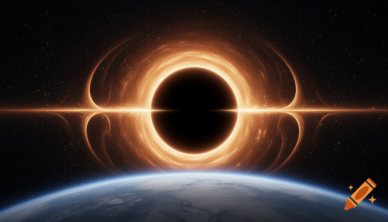 A stylized, symmetrical view of a black hole with a glowing orange accretion disk, showing gravitational lensing, centered above a planet's horizon in a star-filled cosmos.