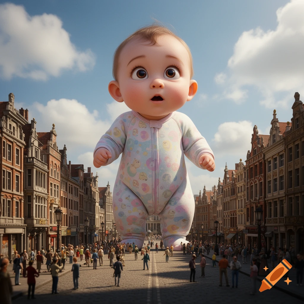 A giant cartoon baby in a colorful onesie stands in the middle of a bustling city street, towering over people and buildings under a blue sky.