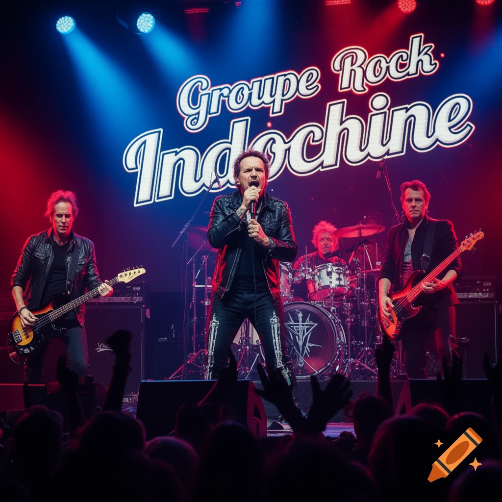 A rock band performs live on stage under red and blue lights, with the text 'Groupe Rock Indochine' on a large screen behind them, while an audience watches.