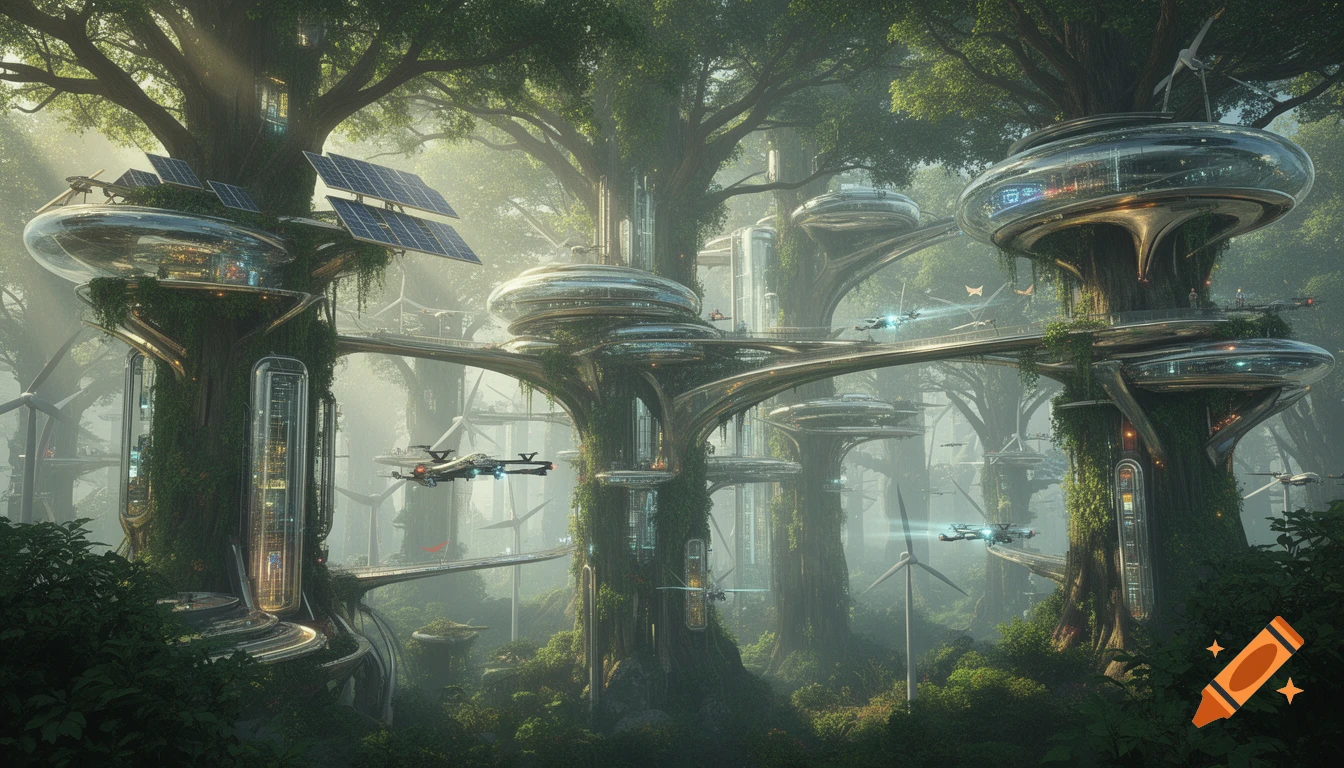 Futuristic city built into massive trees with glass pods, solar panels, flying vehicles, and wind turbines in a misty forest.