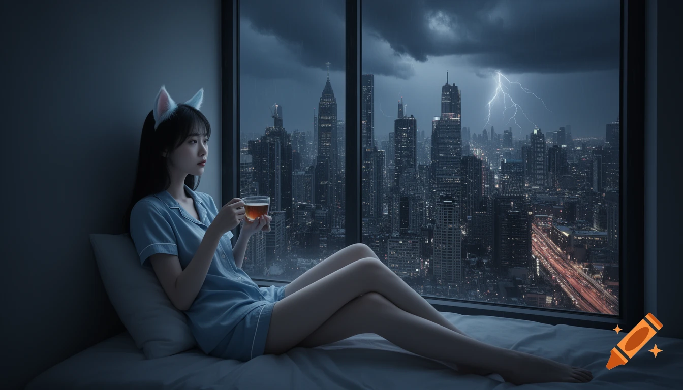 Young Asian woman in pajamas with cat ears sits on a bed, holding tea, looking at a stormy city skyline with lightning at night.