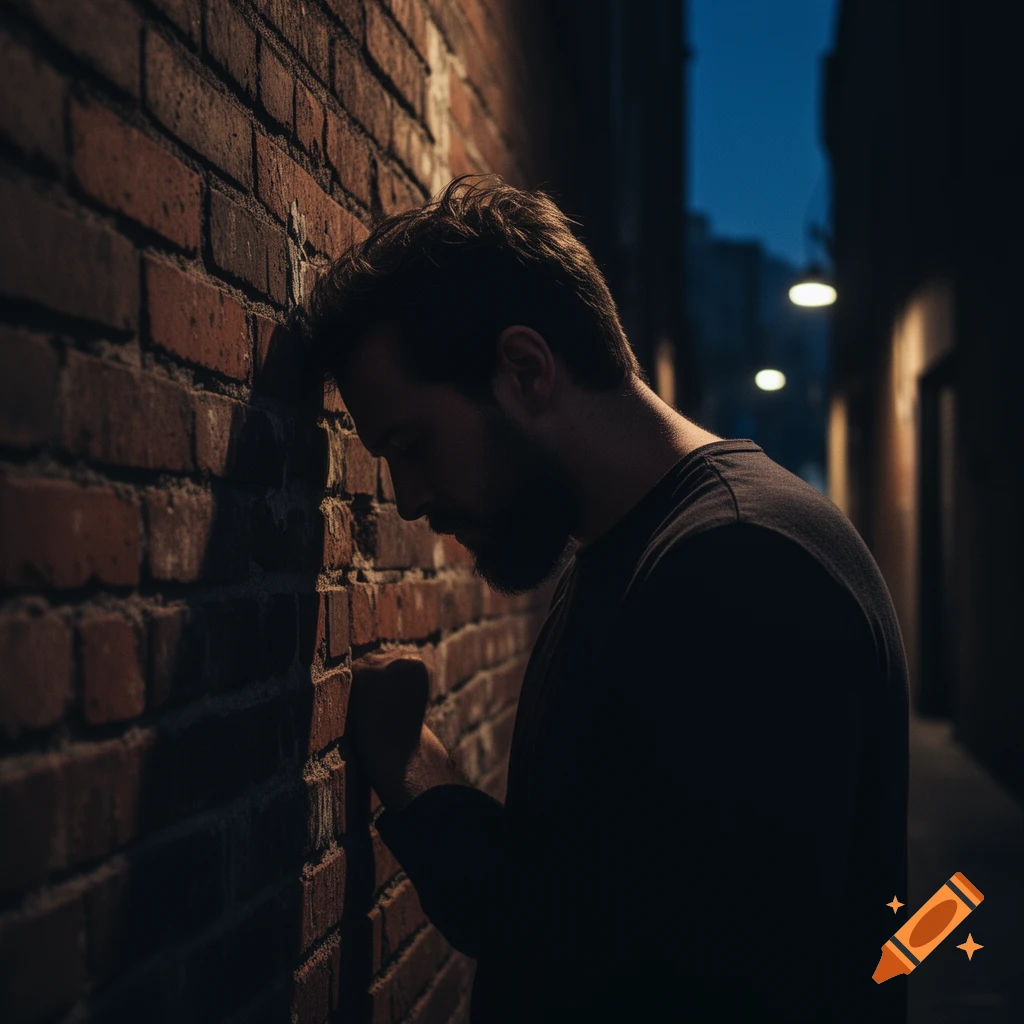 A man in silhouette with his forehead leaning against a brick wall in a dark alley, appearing distressed.