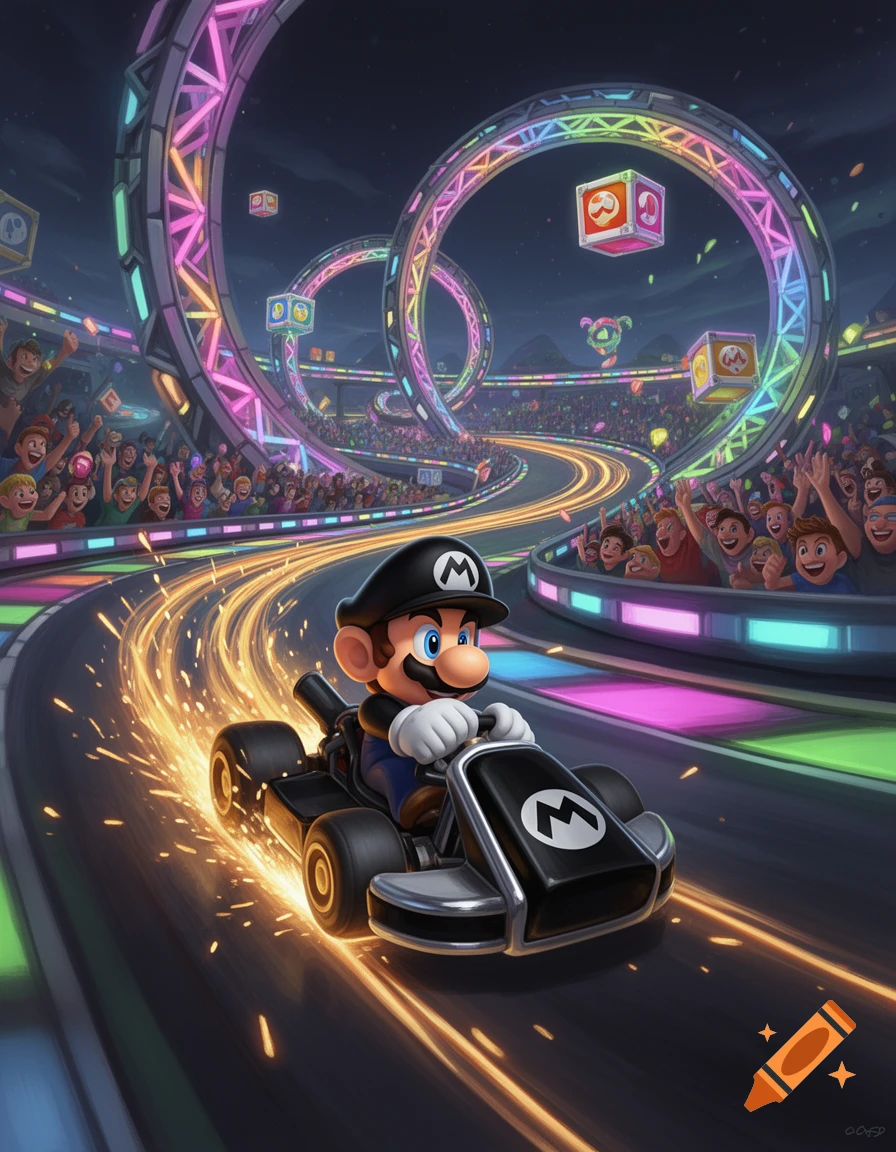 Mario in a black racing kart speeds down a vibrant, neon-lit track with looping ramps and cheering fans in a stylized video game illustration.