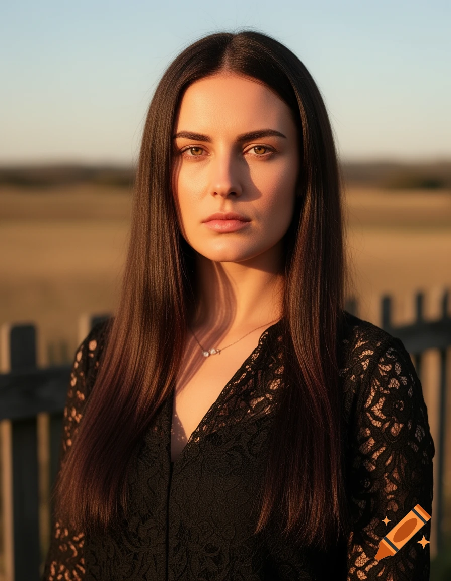Photorealistic portrait of a woman with long dark hair in a black lace blouse and necklace, bathed in warm outdoor sunlight.