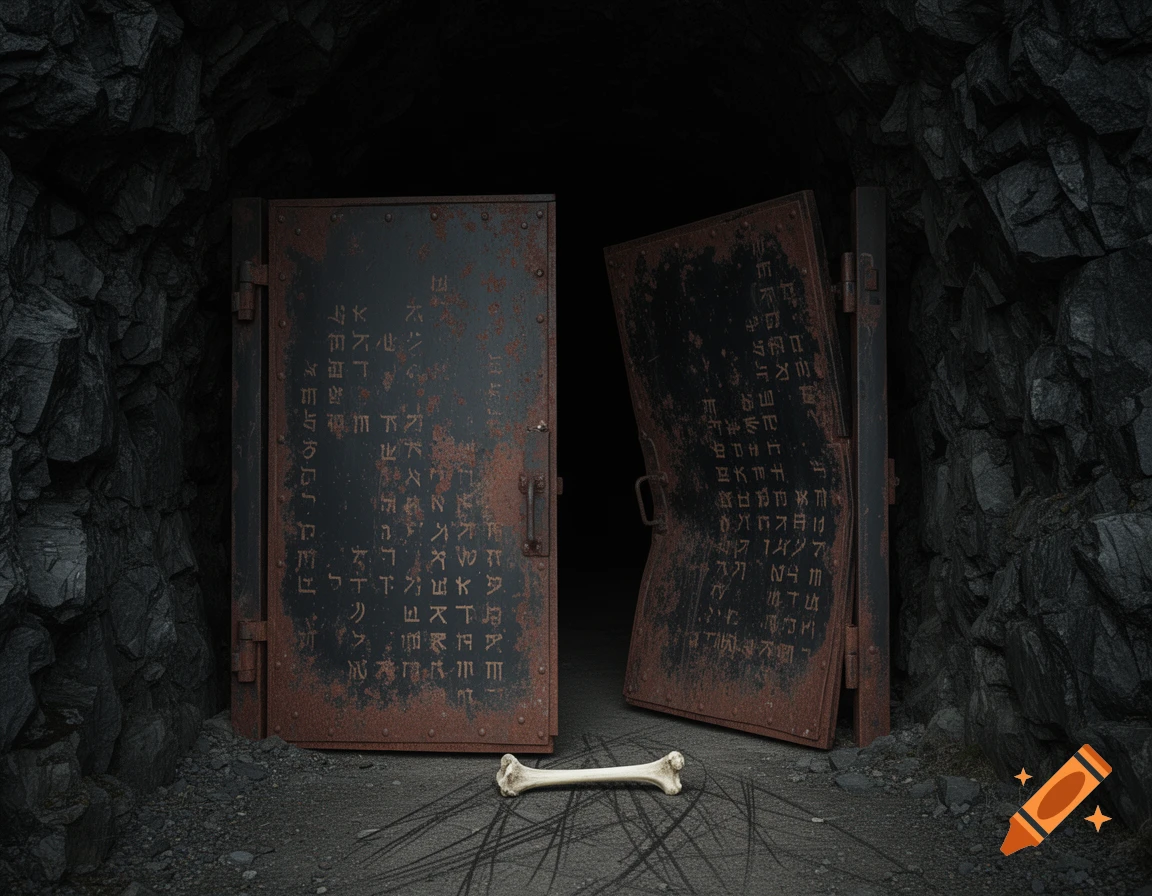 A rusty, partially open metal gate with runic patterns inside a dark rock tunnel, with a white bone on the ground.