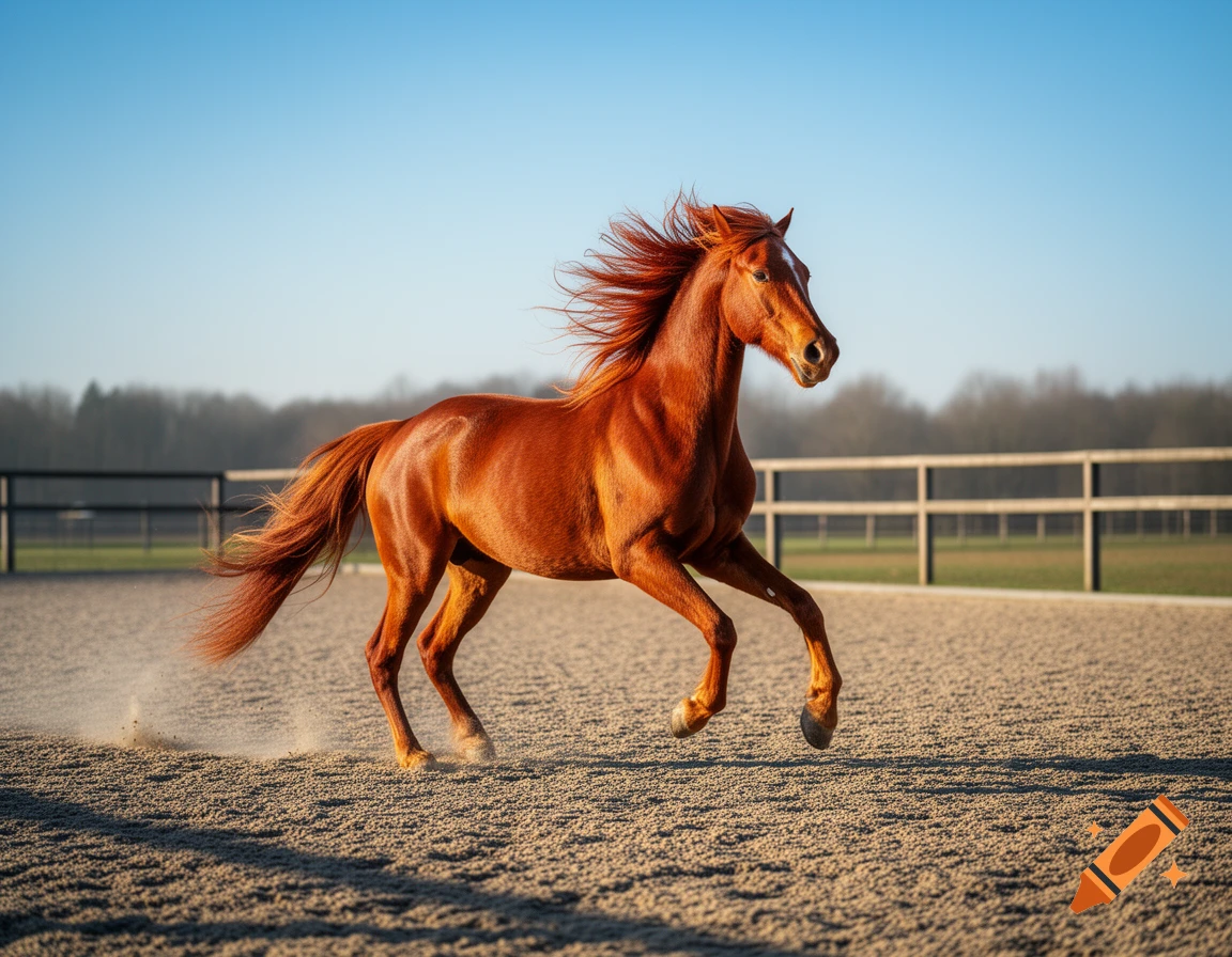 A reddish-brown horse with a flowing mane gallops across a sandy riding arena under a clear blue sky, kicking up dust.