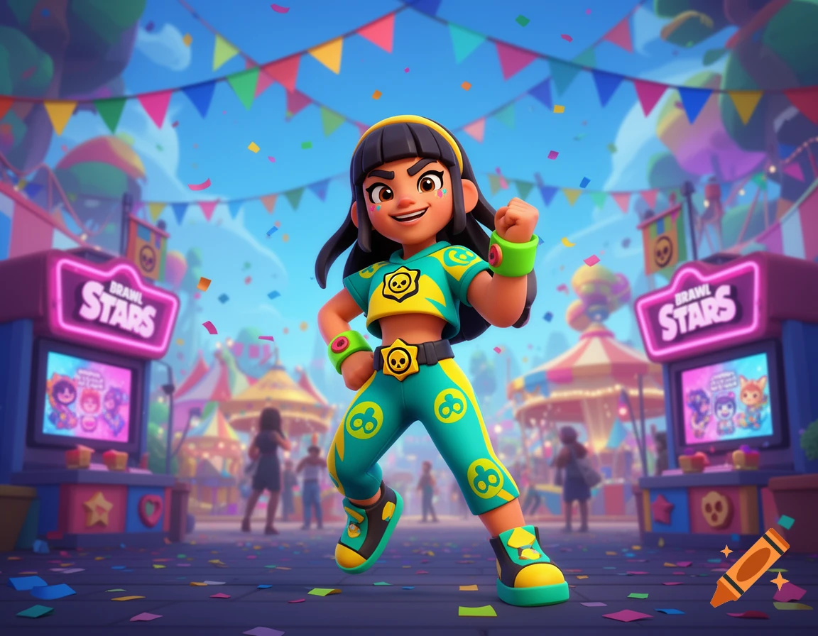A cartoon girl from Brawl Stars in a teal and yellow outfit poses at a vibrant carnival, with arcade machines and confetti.