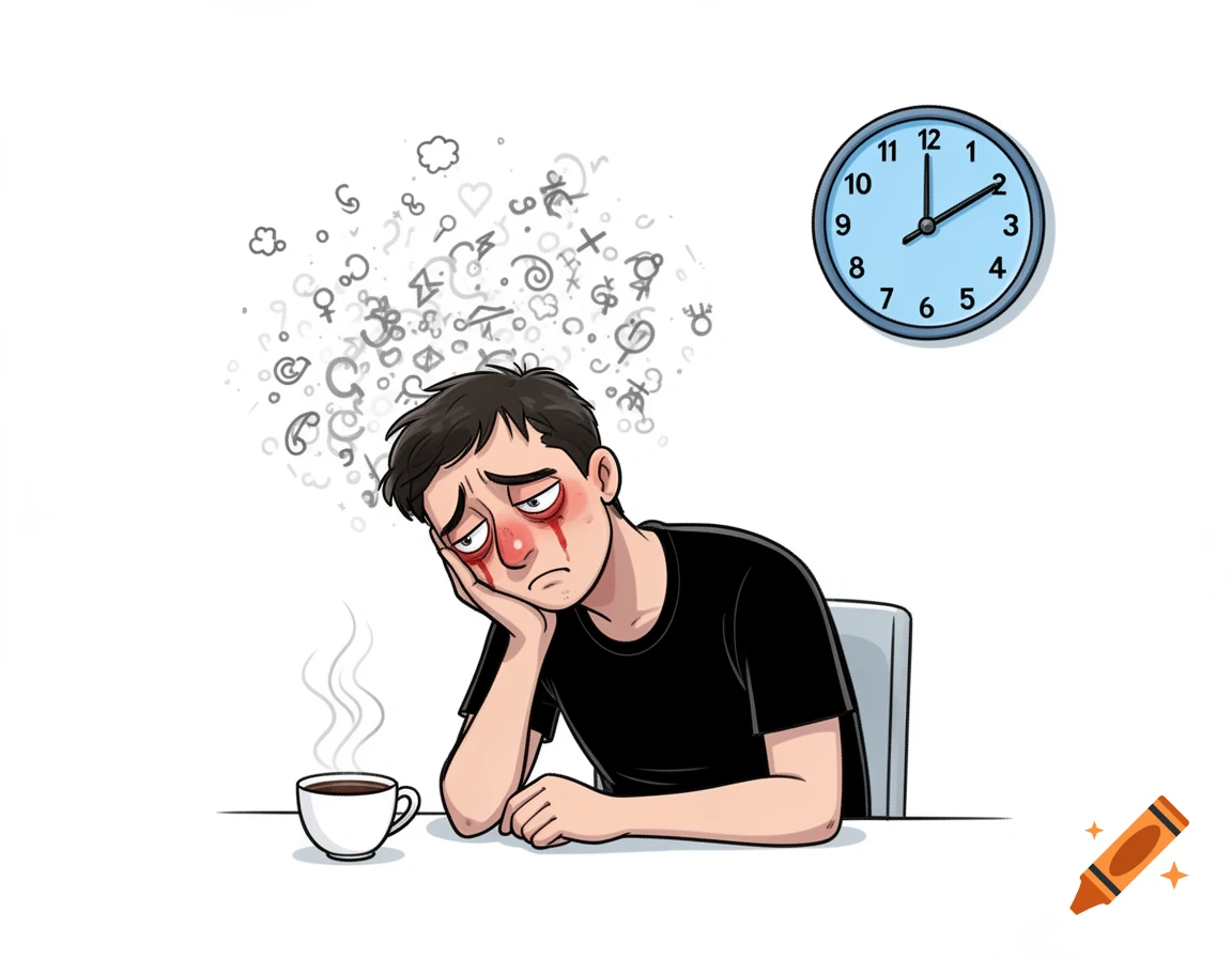 Cartoon of an extremely tired man with red eyes at a table with coffee, abstract thoughts, and a wall clock showing almost 4 o'clock.