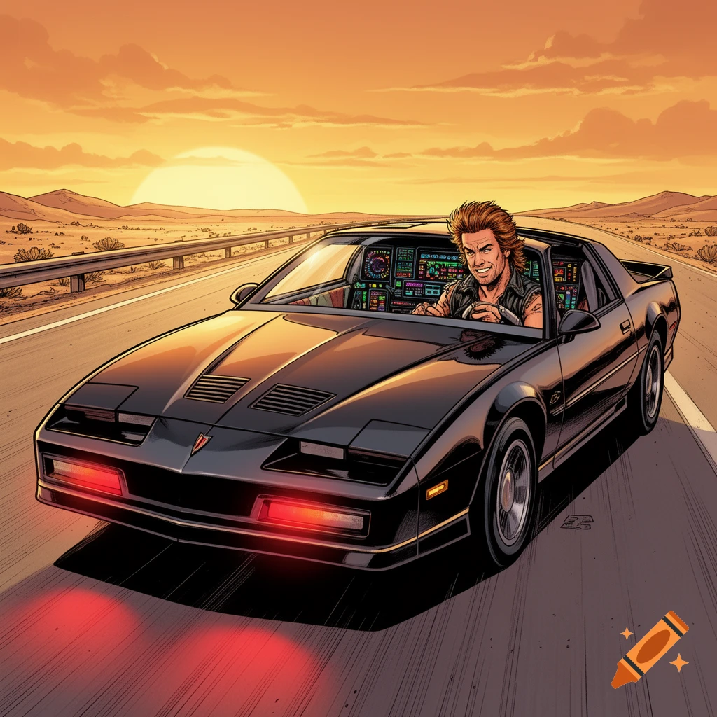 Comic art of a man with a mullet driving a black 80s sports car (KITT) in a desert at sunset.