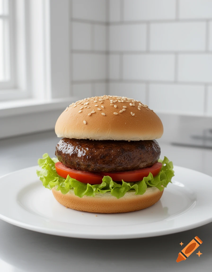 A photorealistic hamburger with a sesame seed bun, thick patty, lettuce, and tomato, on a white plate in a kitchen.