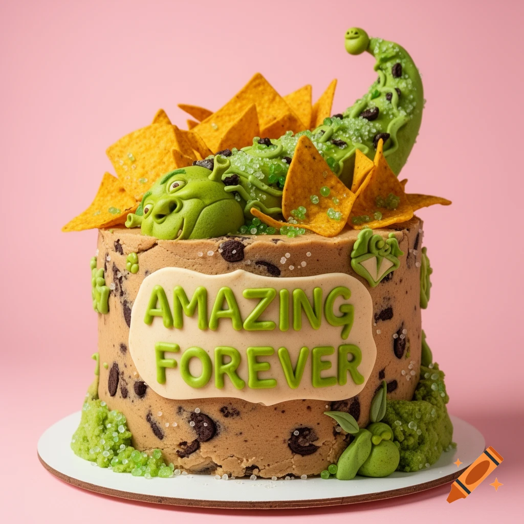 A whimsical Shrek and nachos themed cookie dough cake, with green fondant, tortilla chips, and 'AMAZING FOREVER' text on pink background.