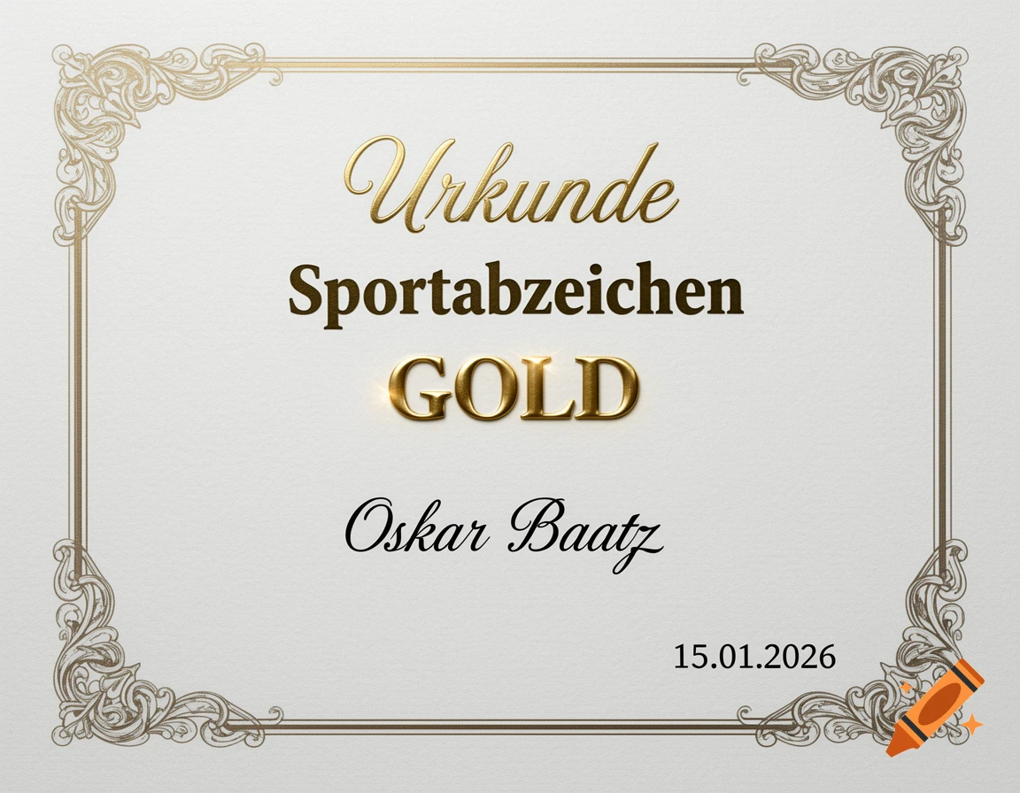 A white certificate with a golden ornamental border, featuring the text "Urkunde", "Sportabzeichen", "GOLD", "Oskar Baatz", and "15.01.2026".