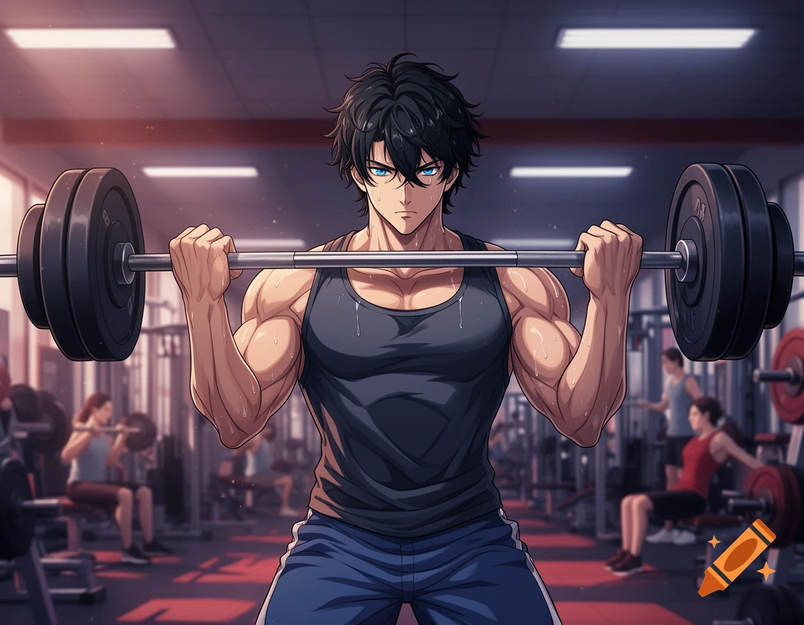 Muscular male anime character doing barbell curls in a gym.