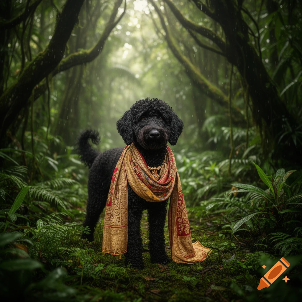 A photorealistic black labradoodle wearing a patterned golden and red scarf, standing in a lush, misty rainforest.