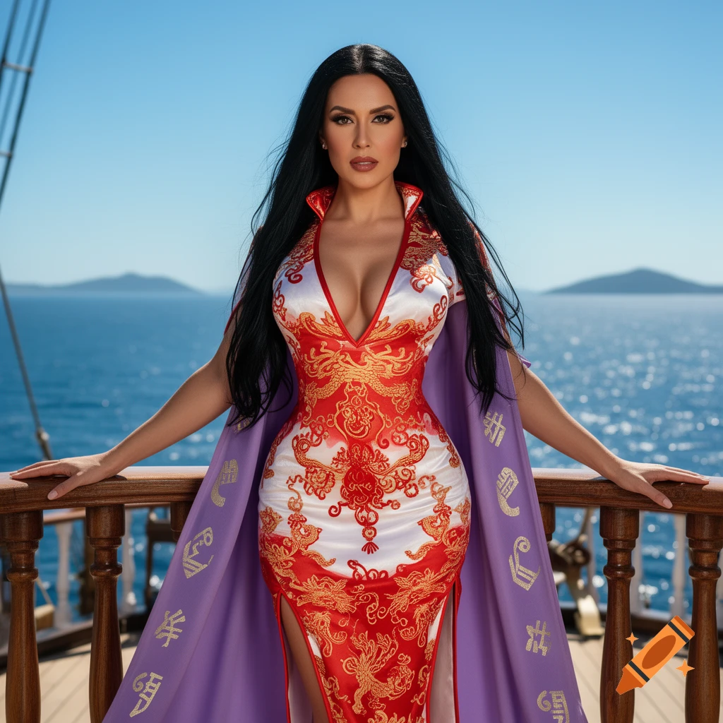 Photorealistic image of a woman in a red and white patterned dress and purple cape on a ship deck, with the ocean and islands in the background.