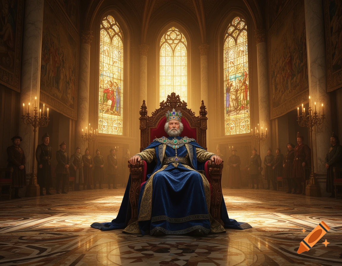 A majestic, white-bearded king in a blue robe sits on a red throne in a grand, sunlit hall with stained-glass windows, surrounded by guards.