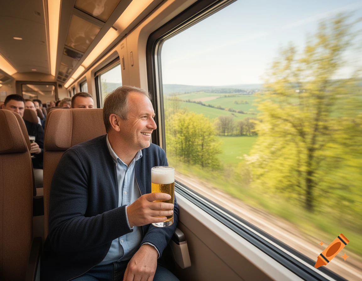 Smiling man holding a glass of beer on a moving train, looking out the window at a blurry green landscape.
