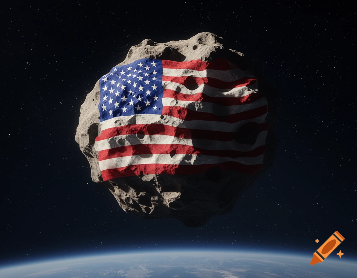 A large, cratered asteroid with an American flag draped over its surface, orbiting Earth in deep space, photorealistic.