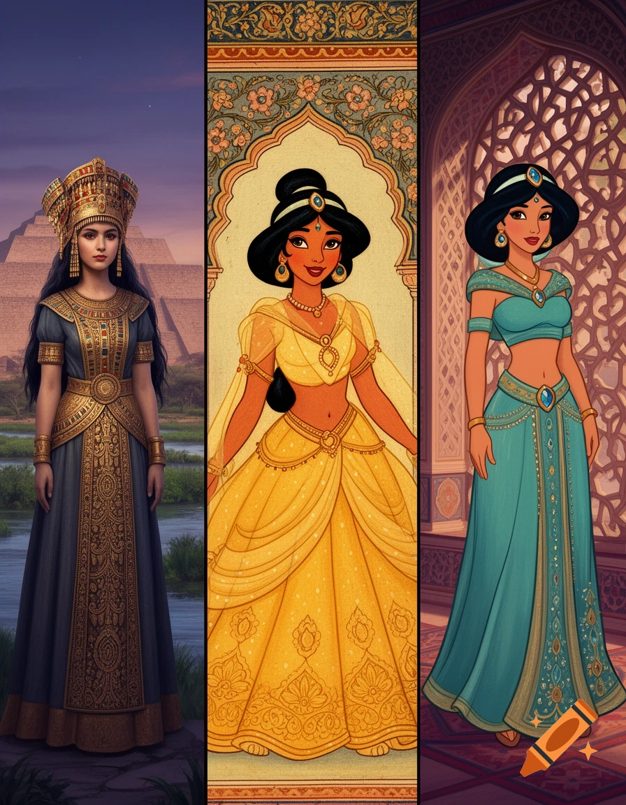 Three vertical panels: a Mesopotamian princess, a Jasmine-like Indian princess in yellow, and a Jasmine-like Sultana in turquoise.