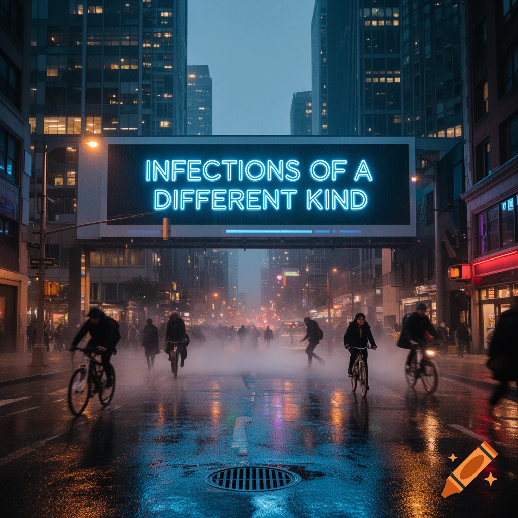Photorealistic night scene of a rainy city street with cyclists, fog, and a glowing billboard reading "INFECTIONS OF A DIFFERENT KIND".