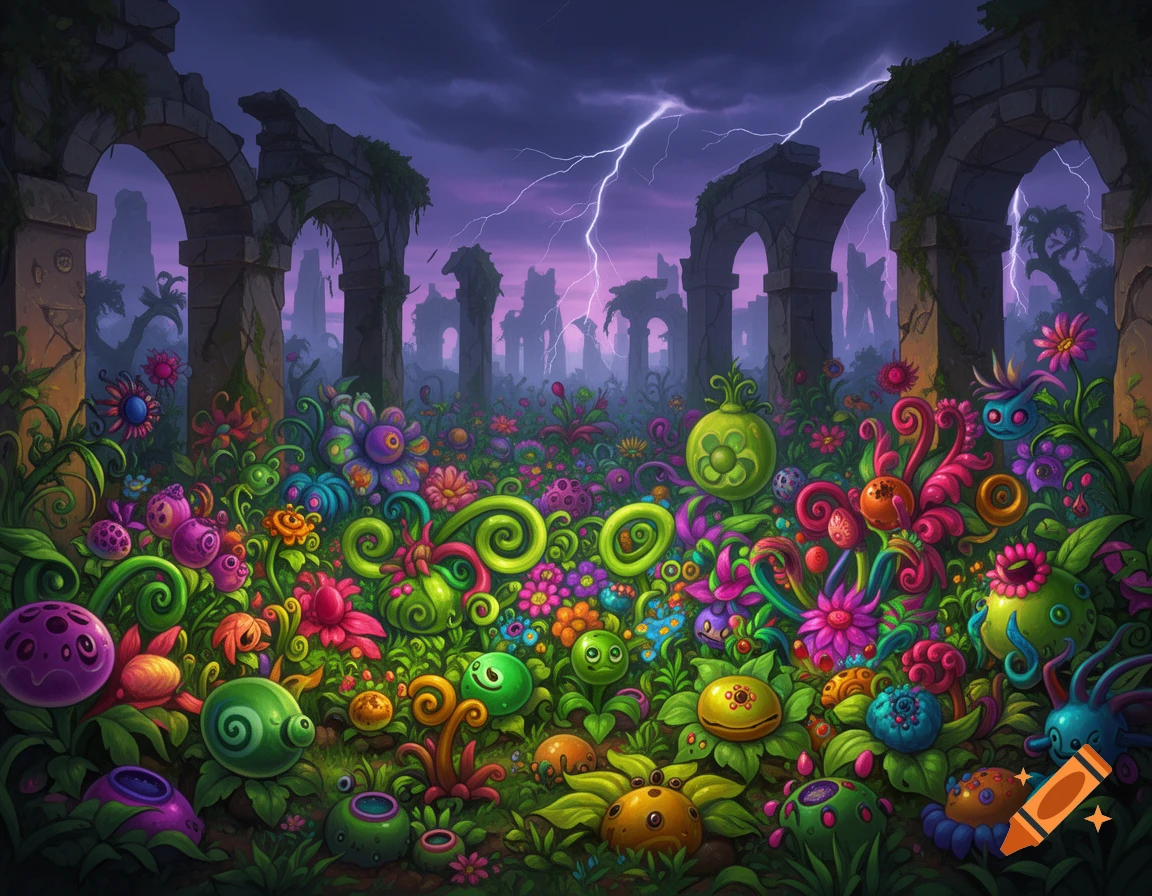 A vibrant, cartoonish fantasy garden with whimsical plants and ancient ruins under a stormy, lightning-filled purple sky.