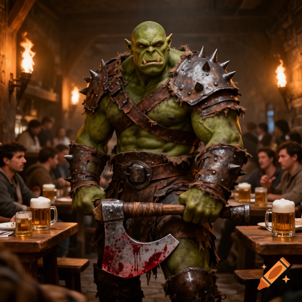 A large, green-skinned orc wearing spiked leather armor stands in a crowded, dimly lit tavern, holding a bloody axe.