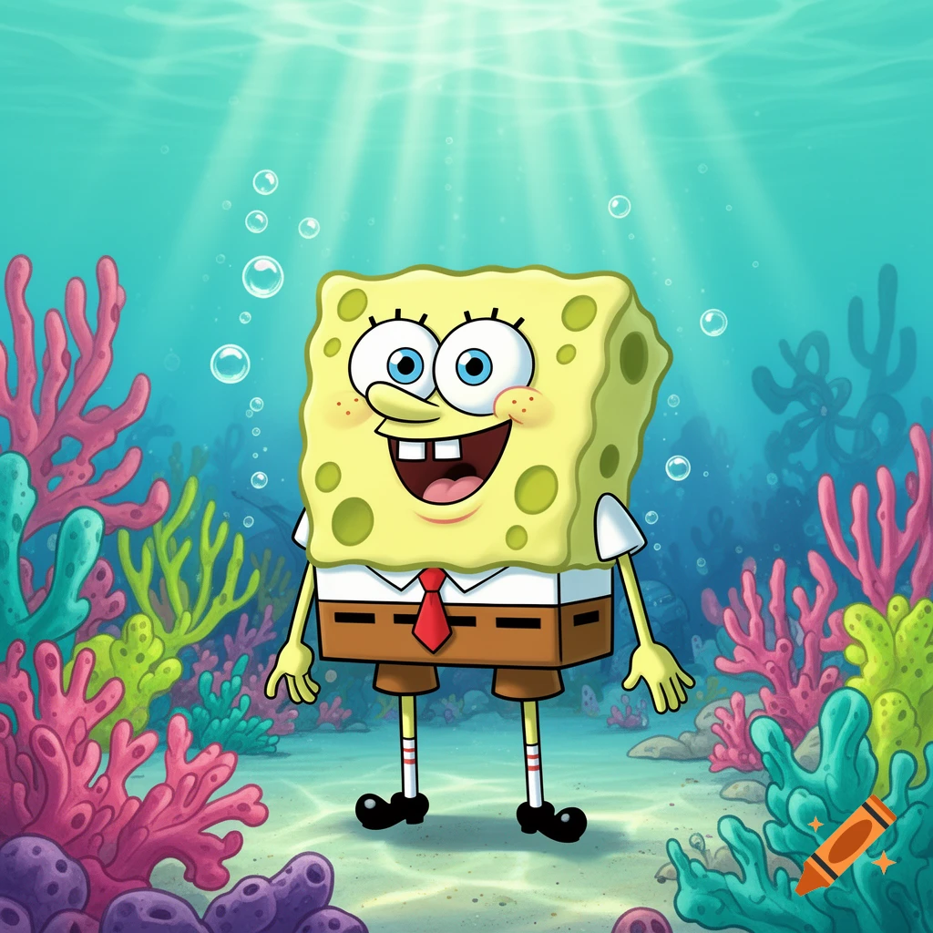 Spongebob Squarepants stands happily underwater among vibrant coral and sea plants, with sun rays shining through the water.