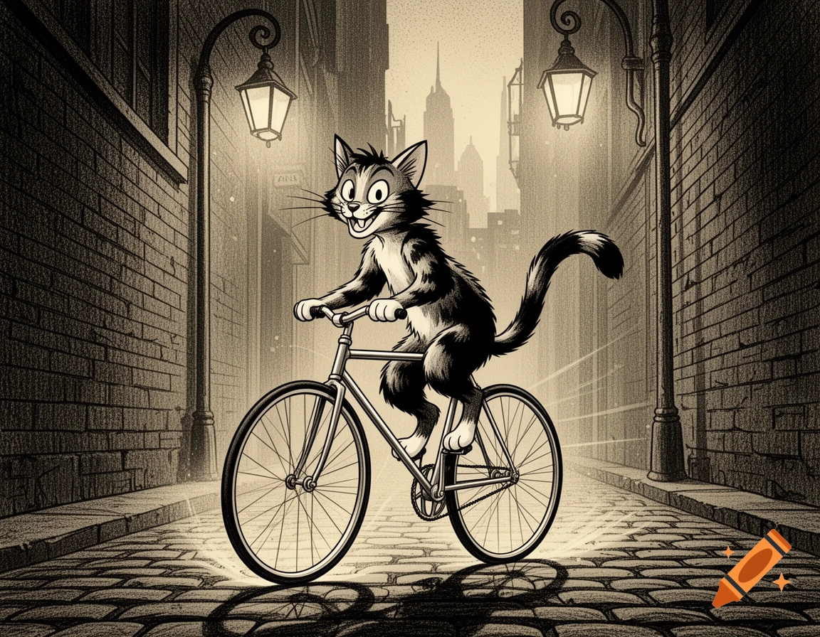 Smiling cartoon cat on a bicycle in a sepia-toned alley, with city buildings in the background, in 1920s animation style.